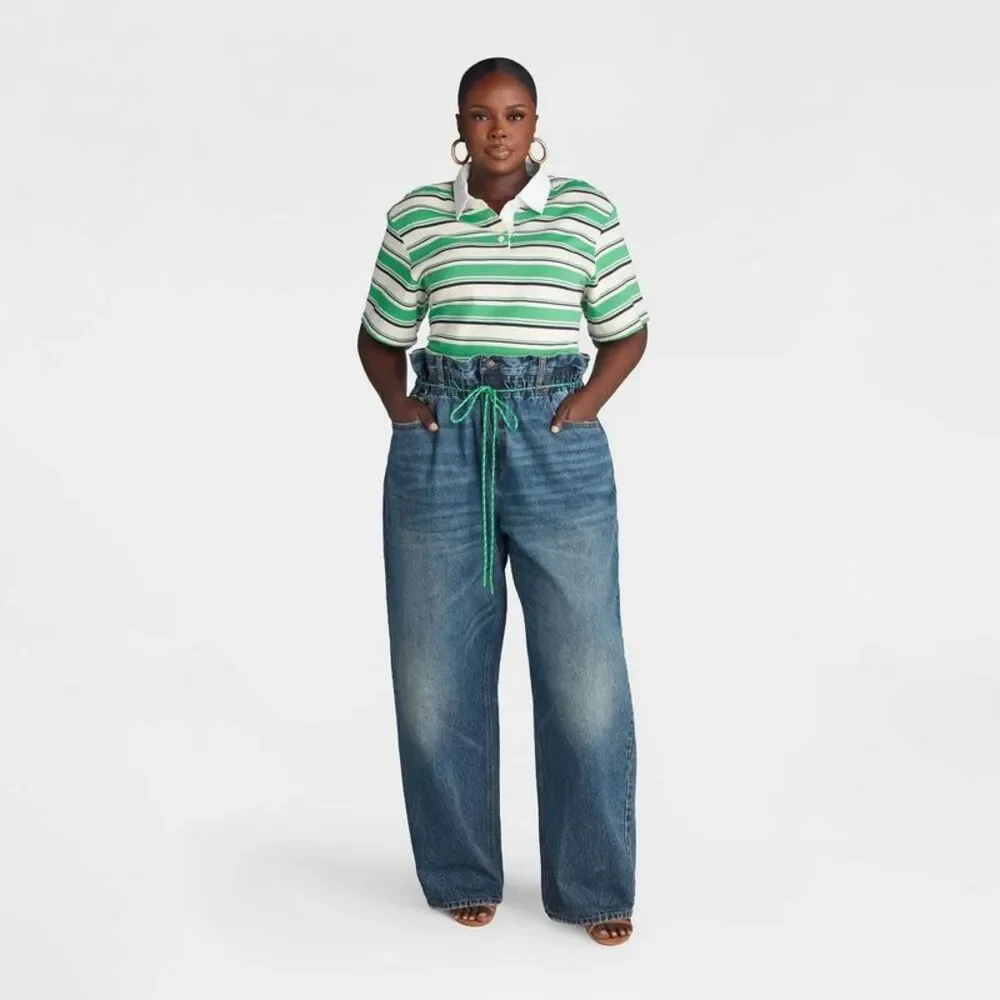 KBB by KAHLANA Women's Short Sleeve 'The Fitted Rugby Shirt' - Green Striped 2X